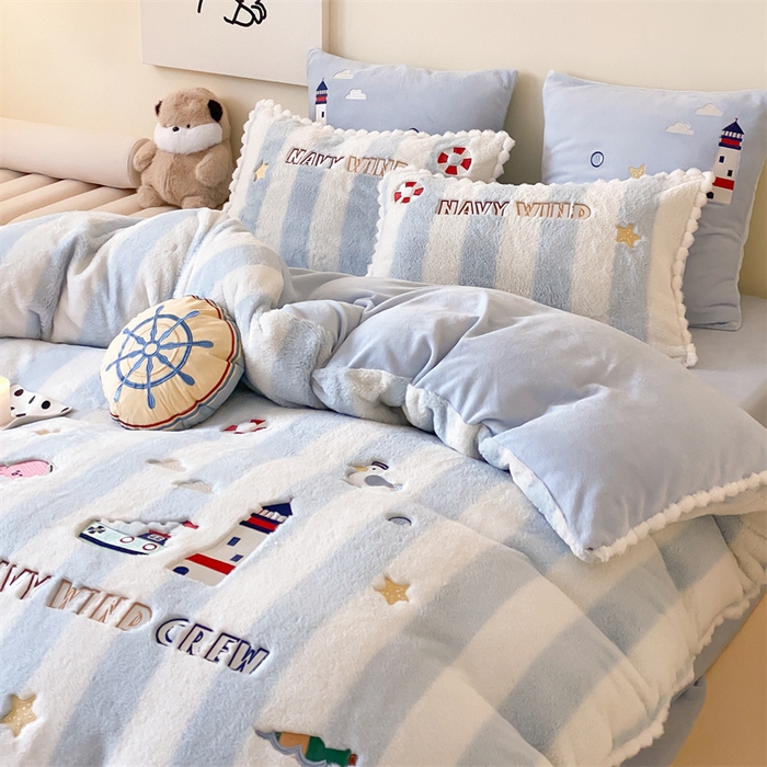 91家纺网 家纺一手货源 找家纺 （总）星野 2024新款高克重牛奶绒四件套-绒蓝色海洋