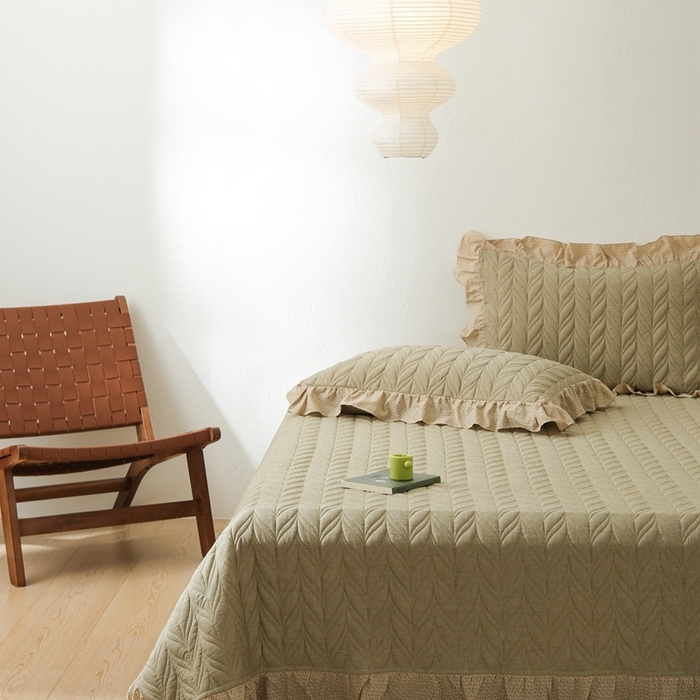 91家纺网 家纺一手货源 找家纺 上喜 热卖树叶款春秋被床盖三件套 绿色