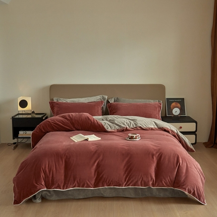 万盛家纺 2025新款德芙绒牛奶绒法莱绒水晶绒双拼四件套 晨曦红-米灰