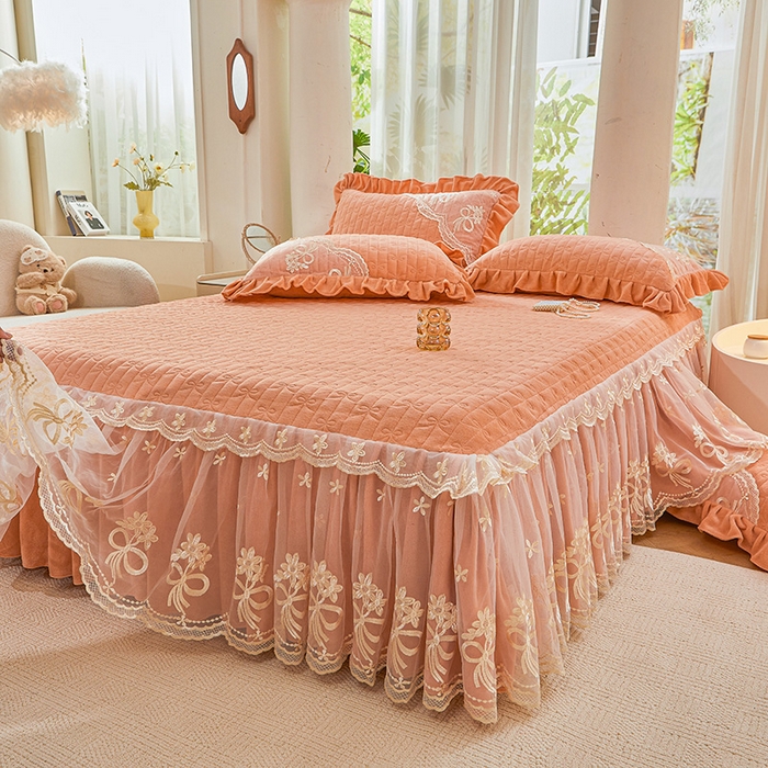 91家纺网 家纺一手货源 找家纺 （总）2024新款加厚牛奶绒蕾丝刺绣床裙四件套-莫奈花园系列