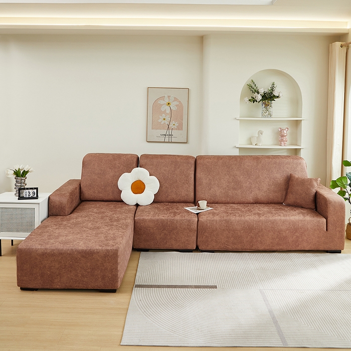 91家纺网 家纺一手货源 找家纺 2024新款防水皮革全包沙发套松紧款 棕黄