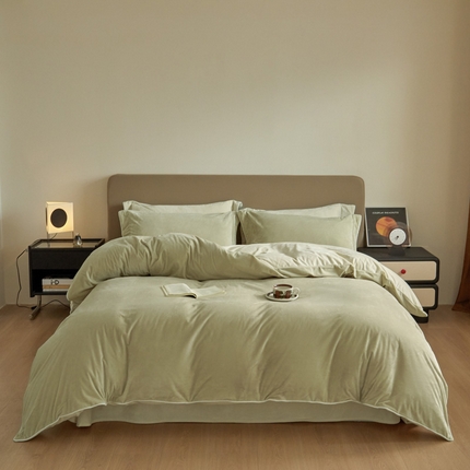 万盛家纺 2025新款德芙绒牛奶绒法莱绒水晶绒双拼四件套 森林绿-古董银