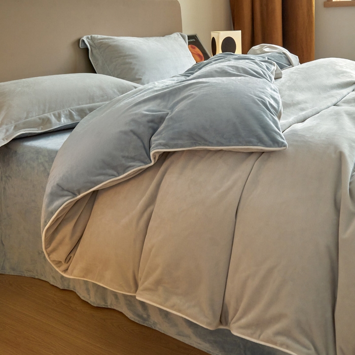 91家纺网 家纺一手货源 找家纺 万盛家纺 2025新款德芙绒牛奶绒法莱绒水晶绒双拼四件套 藕灰-云水蓝