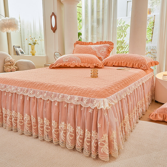 91家纺网 家纺一手货源 找家纺 （总）2024新款加厚牛奶绒蕾丝刺绣床裙四件套-莫奈花园系列