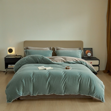 万盛家纺 2025新款德芙绒牛奶绒法莱绒水晶绒双拼四件套 浅黛蓝-米灰