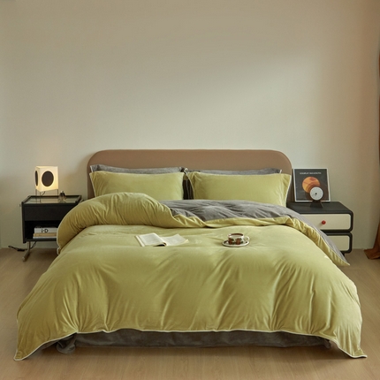 万盛家纺 2025新款德芙绒牛奶绒法莱绒水晶绒双拼四件套 抹茶-咖灰