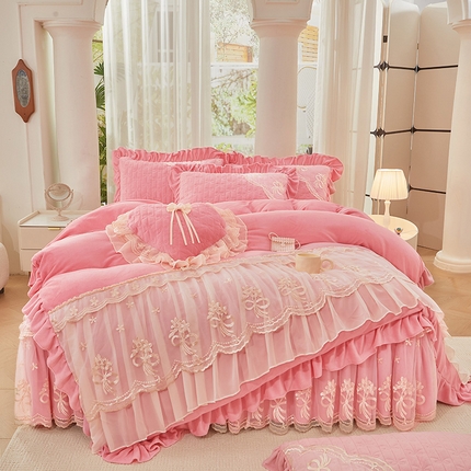 2024新款加厚牛奶绒蕾丝刺绣床裙四件套-莫奈花园系列 莫奈花园-少女粉