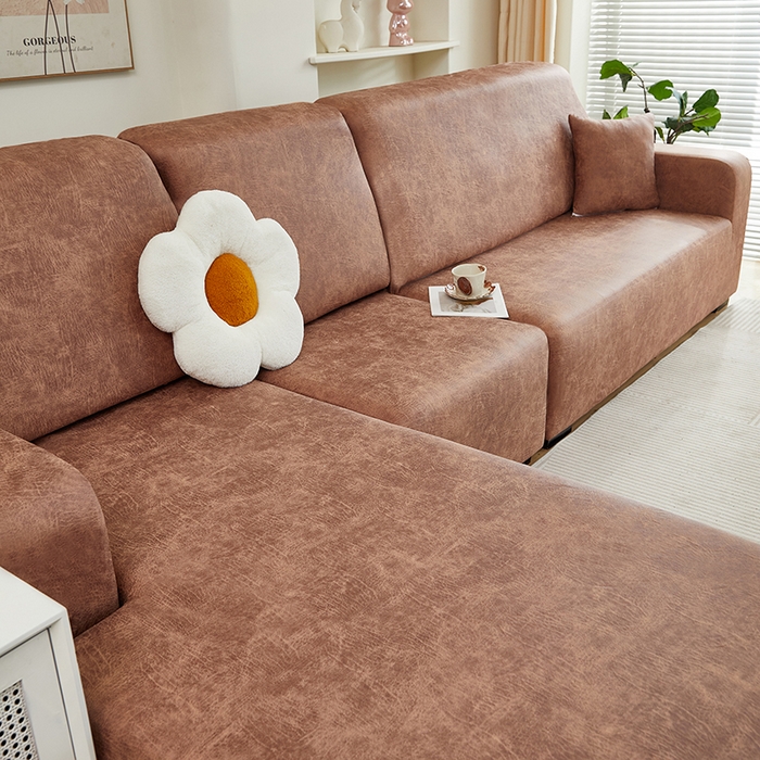 91家纺网 家纺一手货源 找家纺 2024新款防水皮革全包沙发套松紧款 棕黄