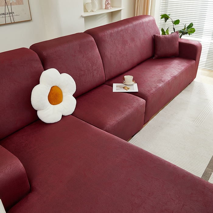 91家纺网 家纺一手货源 找家纺 2024新款防水皮革全包沙发套松紧款 酒红