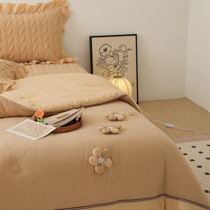 91家纺网 家纺一手货源 找家纺 上喜 热卖树叶款春秋被床盖三件套 黄色