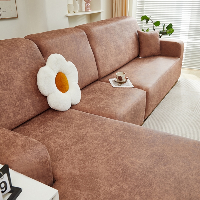 91家纺网 家纺一手货源 找家纺 2024新款防水皮革全包沙发套松紧款 棕黄