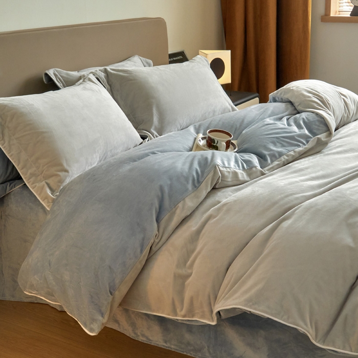 91家纺网 家纺一手货源 找家纺 万盛家纺 2025新款德芙绒牛奶绒法莱绒水晶绒双拼四件套 藕灰-云水蓝