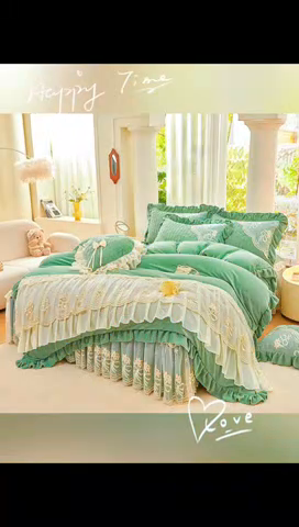 91家纺网 家纺一手货源 找家纺 （总）2024新款加厚牛奶绒蕾丝刺绣床裙四件套-莫奈花园系列