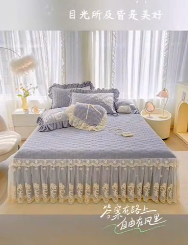 91家纺网 家纺一手货源 找家纺 2024新款加厚牛奶绒蕾丝刺绣床裙单床裙-莫奈花园系列 莫奈花园-高级灰