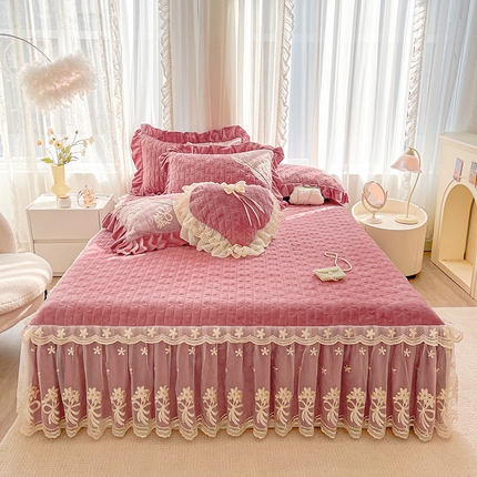 2024新款加厚牛奶绒蕾丝刺绣床裙单床裙-莫奈花园系列 莫奈花园-豆沙红