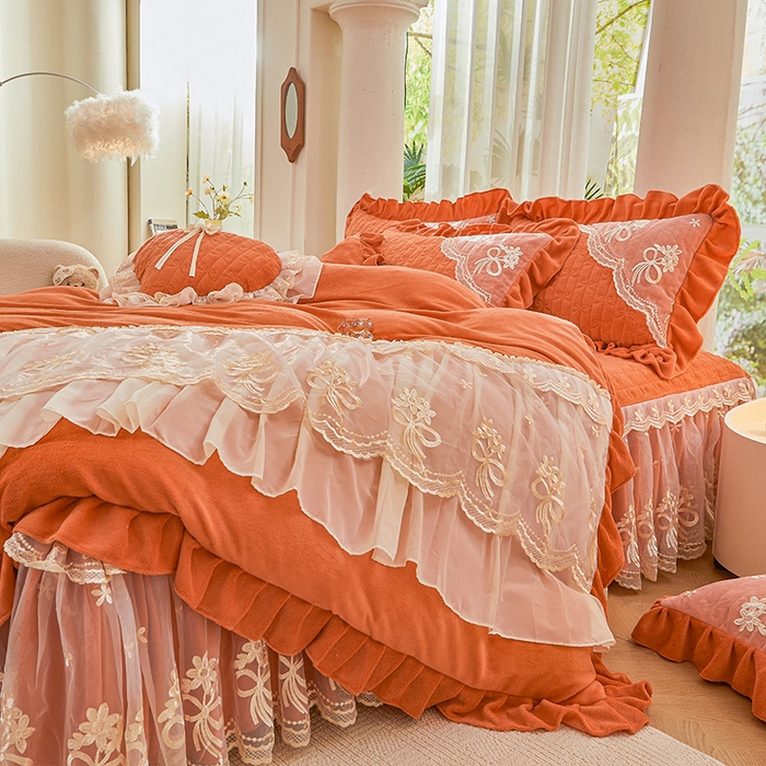 91家纺网 家纺一手货源 找家纺 2024新款加厚牛奶绒蕾丝刺绣床裙四件套-莫奈花园系列 莫奈花园-爱玛橙