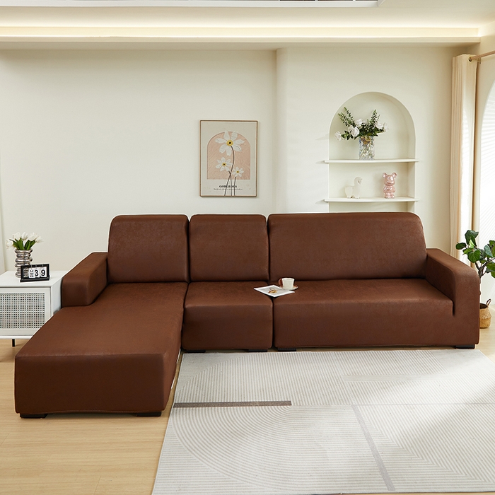 91家纺网 家纺一手货源 找家纺 2024新款防水皮革全包沙发套松紧款 深咖