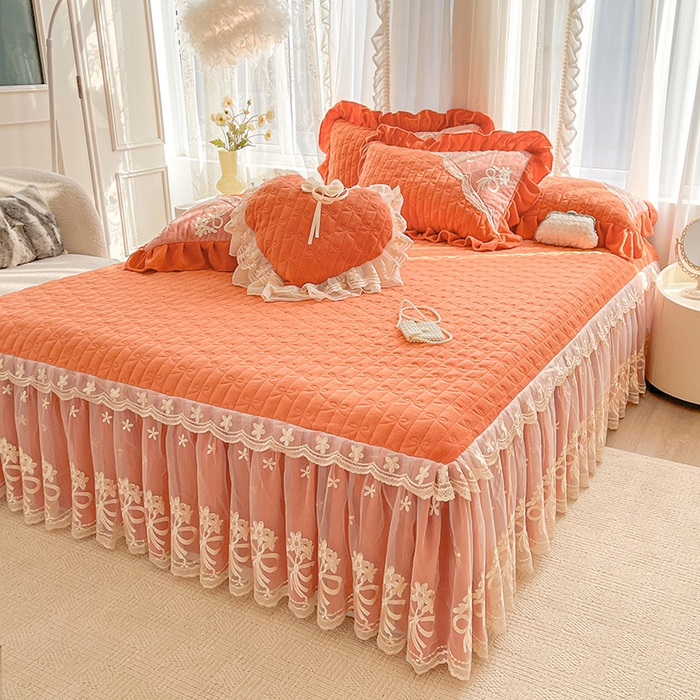91家纺网 家纺一手货源 找家纺 2024新款加厚牛奶绒蕾丝刺绣床裙单床裙-莫奈花园系列 莫奈花园-爱玛橙