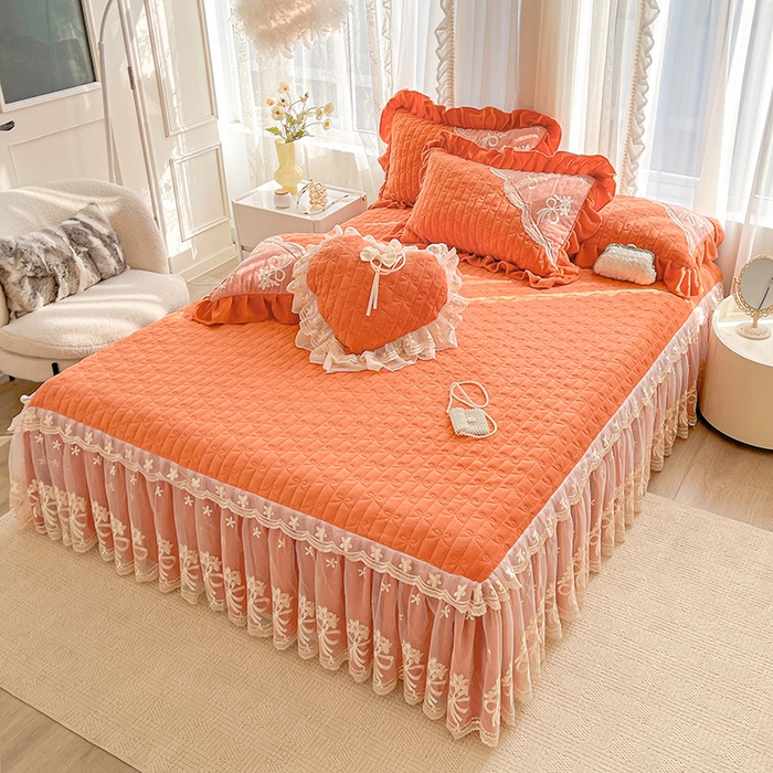 91家纺网 家纺一手货源 找家纺 2024新款加厚牛奶绒蕾丝刺绣床裙单床裙-莫奈花园系列 莫奈花园-爱玛橙