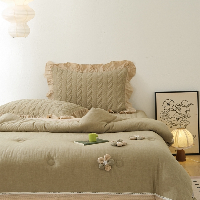 91家纺网 家纺一手货源 找家纺 上喜 热卖树叶款春秋被床盖三件套 绿色