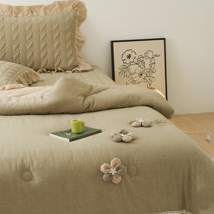 91家纺网 家纺一手货源 找家纺 上喜 热卖树叶款春秋被床盖三件套 绿色