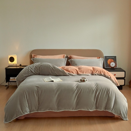 万盛家纺 2025新款德芙绒牛奶绒法莱绒水晶绒双拼四件套 米灰-砖红