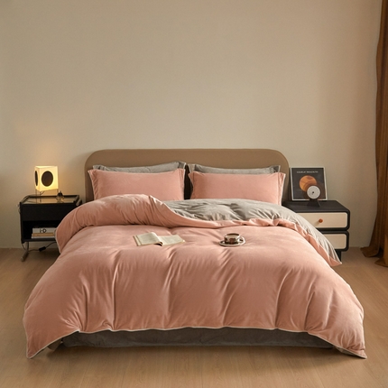 万盛家纺 2025新款德芙绒牛奶绒法莱绒水晶绒双拼四件套 豆沙-米灰