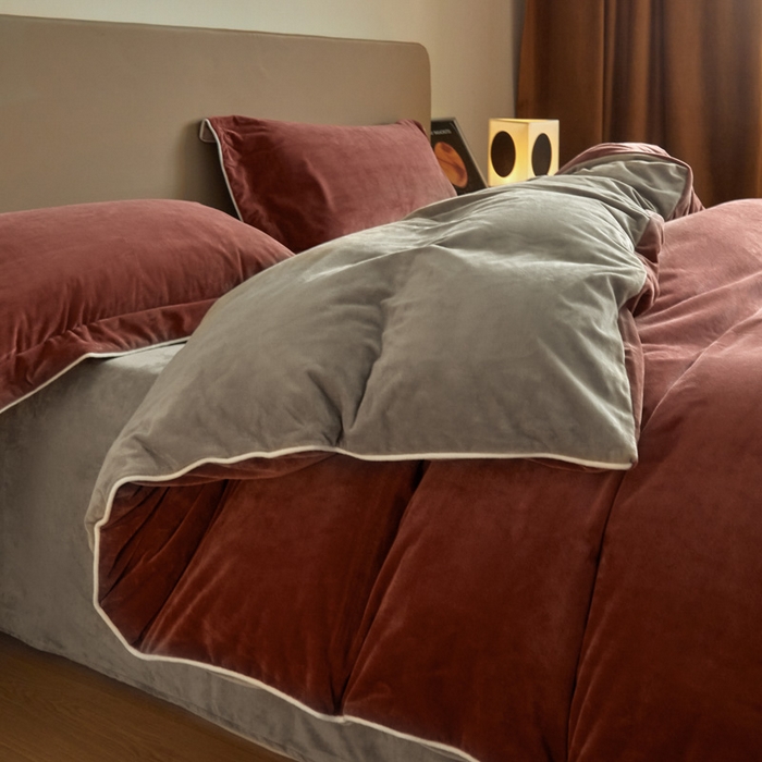 91家纺网 家纺一手货源 找家纺 万盛家纺 2025新款德芙绒牛奶绒法莱绒水晶绒双拼四件套 晨曦红-米灰