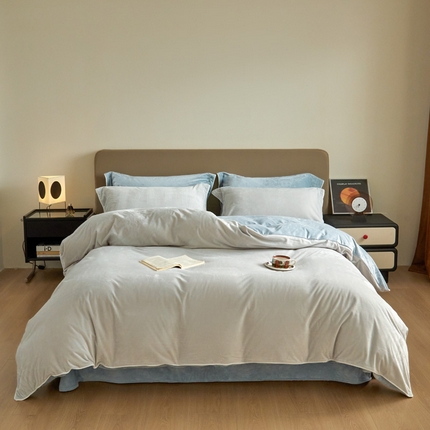 万盛家纺 2025新款德芙绒牛奶绒法莱绒水晶绒双拼四件套 藕灰-云水蓝