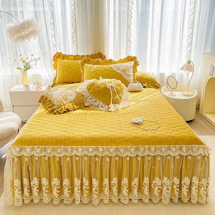 2024新款加厚牛奶绒蕾丝刺绣床裙单床裙-莫奈花园系列 莫奈花园-嫩黄