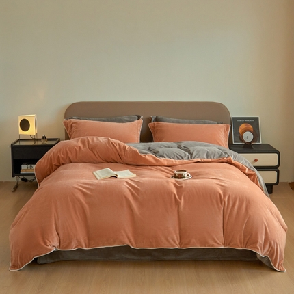 万盛家纺 2025新款德芙绒牛奶绒法莱绒水晶绒双拼四件套 砖红-咖灰