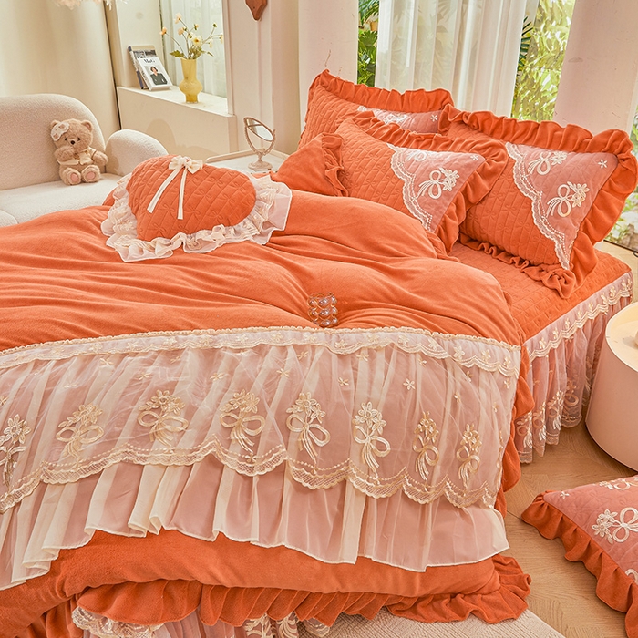 91家纺网 家纺一手货源 找家纺 2024新款加厚牛奶绒蕾丝刺绣床裙四件套-莫奈花园系列 莫奈花园-爱玛橙