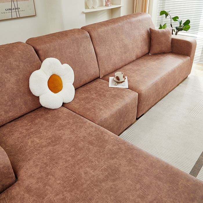 91家纺网 家纺一手货源 找家纺 2024新款防水皮革全包沙发套松紧款 棕黄