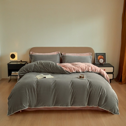 万盛家纺 2025新款德芙绒牛奶绒法莱绒水晶绒双拼四件套 咖灰-豆沙
