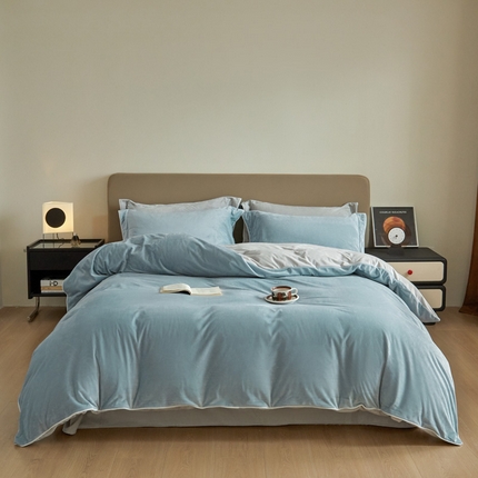 万盛家纺 2025新款德芙绒牛奶绒法莱绒水晶绒双拼四件套 云水蓝-藕灰