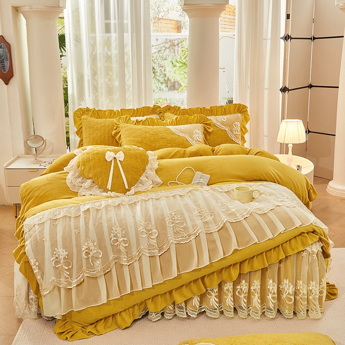 91家纺网 家纺一手货源 找家纺 2024新款加厚牛奶绒蕾丝刺绣床裙四件套-莫奈花园系列 莫奈花园-嫩黄