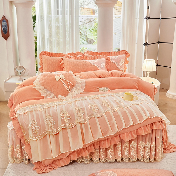 91家纺网 家纺一手货源 找家纺 （总）2024新款加厚牛奶绒蕾丝刺绣床裙四件套-莫奈花园系列