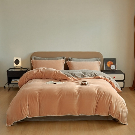 万盛家纺 2025新款德芙绒牛奶绒法莱绒水晶绒双拼四件套 奶油橘-米灰