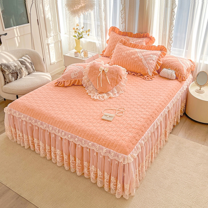 91家纺网 家纺一手货源 找家纺 2024新款加厚牛奶绒蕾丝刺绣床裙单床裙-莫奈花园系列 莫奈花园-梦幻玉