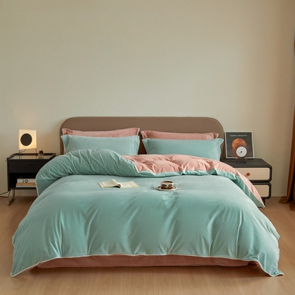 万盛家纺 2025新款德芙绒牛奶绒法莱绒水晶绒双拼四件套 薄荷绿-豆沙