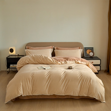 万盛家纺 2025新款德芙绒牛奶绒法莱绒水晶绒双拼四件套 浅米-奶油橘