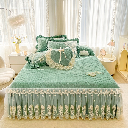 2024新款加厚牛奶绒蕾丝刺绣床裙单床裙-莫奈花园系列 莫奈花园-豆绿