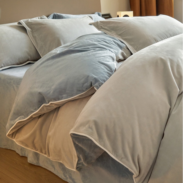 91家纺网 家纺一手货源 找家纺 万盛家纺 2025新款德芙绒牛奶绒法莱绒水晶绒双拼四件套 藕灰-云水蓝