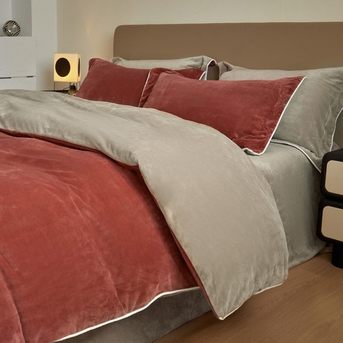 91家纺网 家纺一手货源 找家纺 万盛家纺 2025新款德芙绒牛奶绒法莱绒水晶绒双拼四件套 晨曦红-米灰