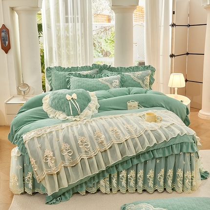 2024新款加厚牛奶绒蕾丝刺绣床裙四件套-莫奈花园系列 莫奈花园-豆绿