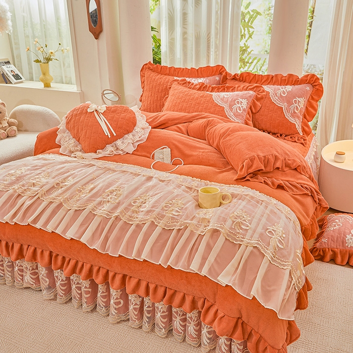 91家纺网 家纺一手货源 找家纺 2024新款加厚牛奶绒蕾丝刺绣床裙四件套-莫奈花园系列 莫奈花园-爱玛橙