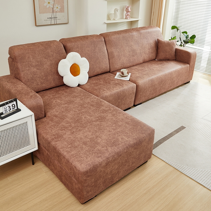 91家纺网 家纺一手货源 找家纺 2024新款防水皮革全包沙发套松紧款 棕黄