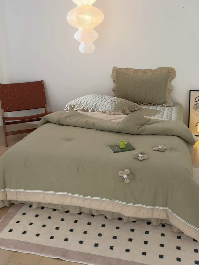 91家纺网 家纺一手货源 找家纺 上喜 热卖树叶款春秋被床盖三件套 绿色