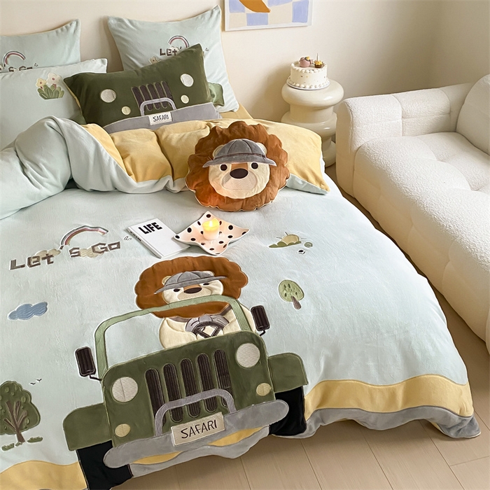 91家纺网 家纺一手货源 找家纺 （总）星野 2024新款高克重牛奶绒四件套-绒狮子先生