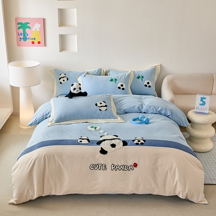 91家纺网 家纺一手货源 找家纺 （总）典曼家纺 2024新款【熊猫胖达】磨毛毛巾绣四件套